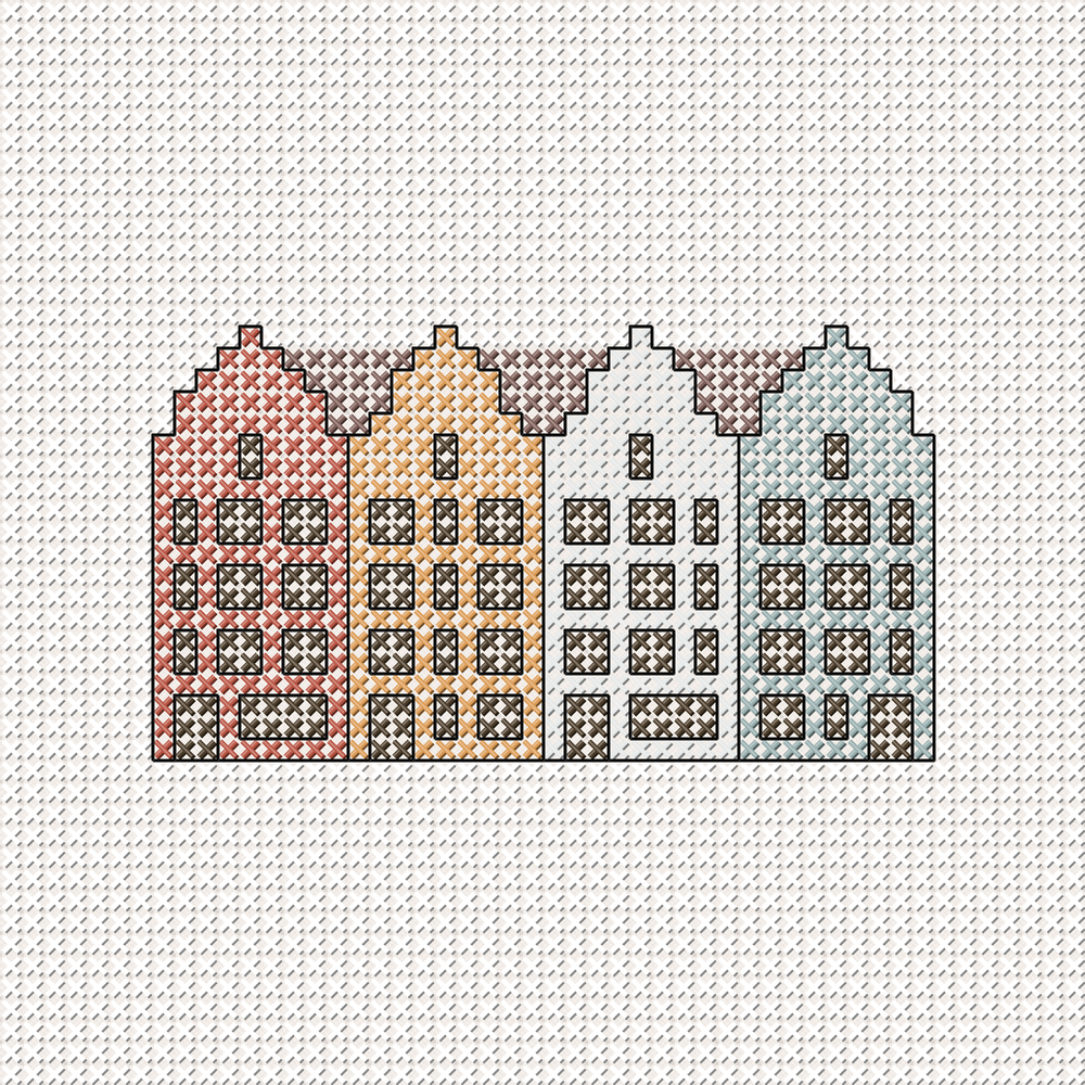 Cross-stitch pattern of Bryggen, the colourful Hanseatic wharf in Bergen