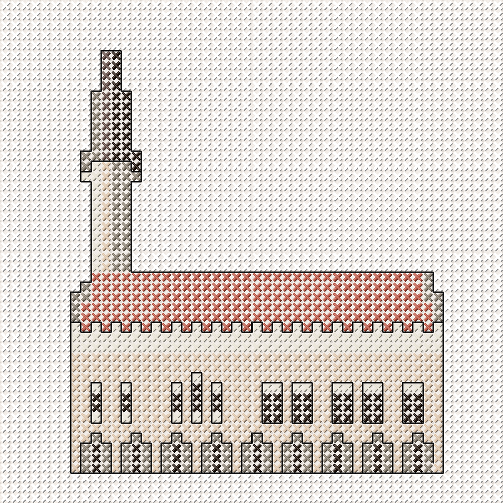 Cross-stitch pattern of Tallinn Town Hall, the only surviving Gothic town hall in Northern Europe