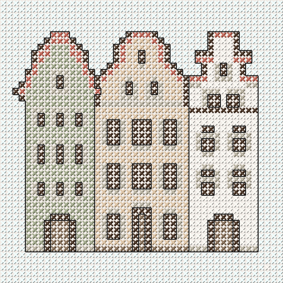 Cross-stitch pattern of The Three Brothers, a medieval house complex in Riga